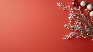 Holiday themed arrangement featuring red and white christmas ornaments and frosted branches on a vibrant red background, evoking seasonal cheer photo