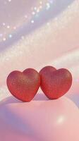 Two glittery red hearts sit closely together on a soft enhancing surface. The background features a subtle sparkle, pink the romantic theme photo