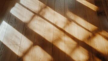Sunlight streaming through window glass, creating interior shadow patterns across gleaming hardwood flooring, radiating warm delicate ambiance photo