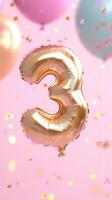 shiny gold balloon shaped like the number three floats against a pink background. Colorful balloons and confetti surround festive it, a creating atmosphere photo