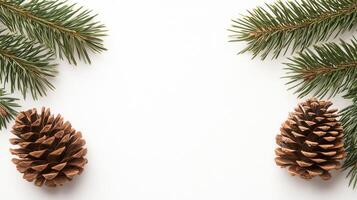 Christmas border made of natural pine cones and fir branches on a festive background, evoking the white winter season photo