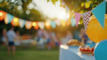 Festive summer gathering golden colorful decorations, twinkling lights, refreshments, blurred party background illuminated by with sunset glow photo
