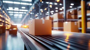 Cardboard boxes gliding smoothly through automated conveyor industrial system, high tech manufacturing precision and representing innovation photo