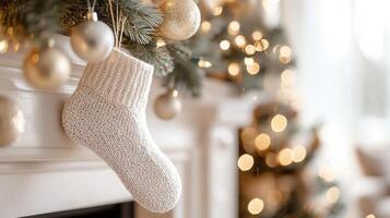 Festive knitted stocking hanging on white fireplace bokeh adorned with evergreen sprigs, metallic mantel, twinkling lights, soft christmas tree ornaments, glowing behind photo