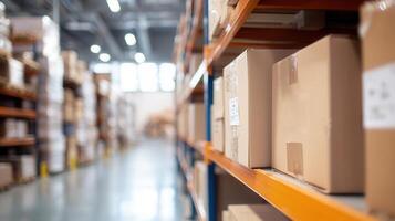 Cardboard logistics boxes stacked systematically on warehouse shelves, indicating efficient shipping and inventory management photo
