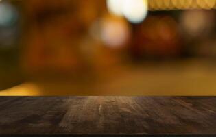 wood table blur of restaurant background selective focus product display photo