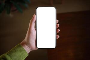 a person holding up a blank white phone screen copy space photo