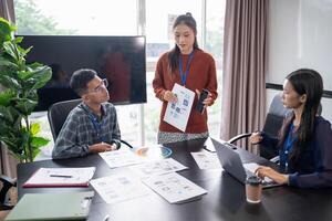 Asian business Application Designers presenting trending products report mobile application planning process development software design project ux Graphic designer photo