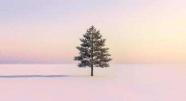 Single evergreen tree in snowy field with soft pastel colors landscape photo