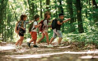 Going to the ,side. Kids i,n ,forest at summer daytime together photo