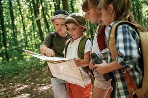 Smart boy, is reading the map. Kids in forest at summer daytime together photo