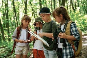 Little, tourists. Kids in, forest at summer daytime together photo