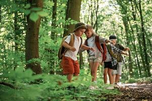 Adventure time. Kids in, forest at summer daytime together photo