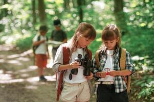 Looking for the way. Kids in forest at summer daytime together photo