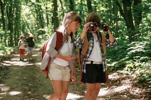 Female children are in front of others. Kids in forest at summer daytime together photo
