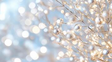 Golden, blue baubles and pine cone decorating evergreen christmas branch, illuminated by twinkling lights with soft bokeh blurring festive holiday background photo