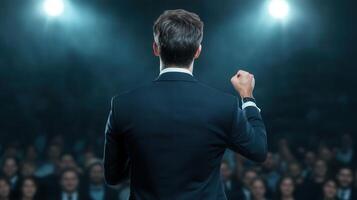 young Caucasian man in a creating stands confidently on stage, addressing an suit Bright stage lights illuminate the scene, audience. a dramatic atmosphere photo