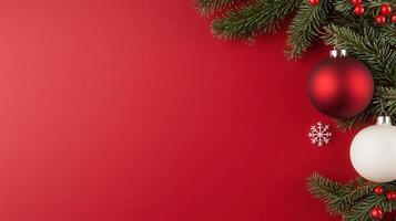 Red, gold christmas baubles hanging against glowing background, holiday festive illuminating warmth with twinkling light display photo