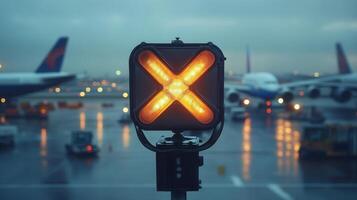 Orange approach light glows on a rainy in tarmac at dusk, with a blurred airplane and control tower airport the background photo