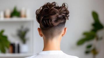 Woman sporting modern undercut, sides shaved complementing long, styled hair section viewed from behind photo