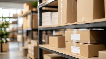 Cardboard shipping boxes stacked systematically on warehouse shelves, indicating efficient inventory and logistics management photo