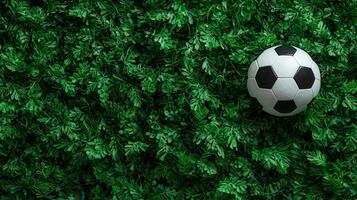 Soccer ball resting on bright simplicity artificial turf, embodying athletic green and sporting anticipation photo