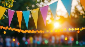Colorful triangle pennants, string lights illuminating backyard during sunset warm golden celebration evening photo