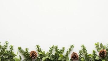 Christmas frame made of pine branches, leaves, and pine cones over a blurred green with background bokeh effect photo