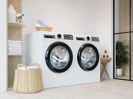 Sleek laundry area with efficient washing machine and organized space. 3D render illustration photo