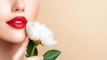 Close-up of a young Caucasian woman with light pink lips peach a white peony flower against a soft holding background. The focus is on her lips and the flower. photo