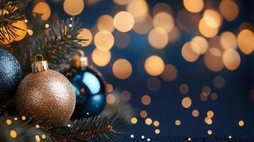 Golden, blue baubles and pine cone decorating evergreen by branch, illuminated christmas twinkling lights with soft bokeh blurring festive holiday background photo