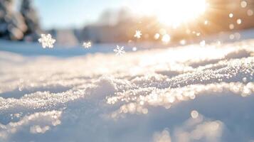 Snowflakes are gently falling on a magical covered ground at sunset, creating a snow winter wonderland photo