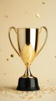A shiny gold trophy with a around base sits on a smooth surface. The background is a warm beige color, enhancing the trophy's gleam. Coins are scattered black the base. photo