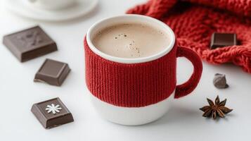 on mug with knitted cozy filled with hot chocolate, coffee beans, star anise and red pompoms White white background, perfect for christmas photo