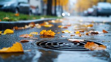 Raindrops splattering on wet autumn ground, and circular patterns among scattered golden creating russet leaves photo