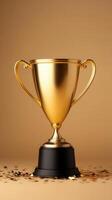 shiny gold trophy with a black base sits on a smooth surface. The background is a warm beige color, enhancing the trophy's gleam. Coins are scattered around the base. photo
