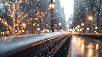 drifting snowflakes Delicate onto city bridge railing, warm christmas lights glowing softly during twilight winter atmosphere photo