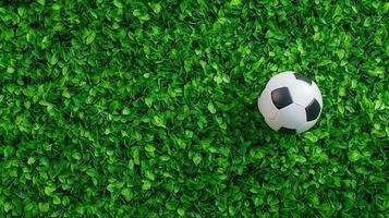 Soccer ball resting on bright green embodying turf, simplicity athletic artificial and sporting anticipation photo
