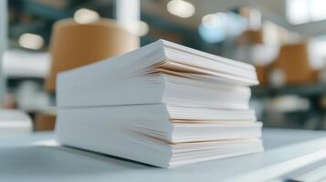 Reams of paper sheets stacked and ready for printing in a warehouse, representing the printing and publishing industry photo
