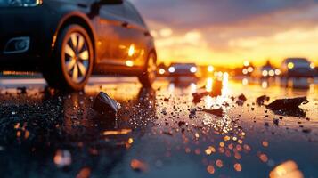 glistening of broken Shards glass in the golden hour light, reflecting the setting sun on wet asphalt after a car crash photo