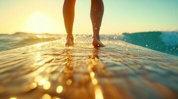 person stands on a surfboard in shallow water during sunset. The sun casts a warm glow over the scene, creating a serene atmosphere. Waves gently lap at the board photo