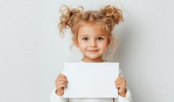 Cheerful young woman gripping empty white paper, beaming with happiness against neutral studio backdrop, embodying youthful optimism photo