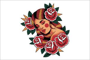 A tattoo style drawing of a woman with roses vector