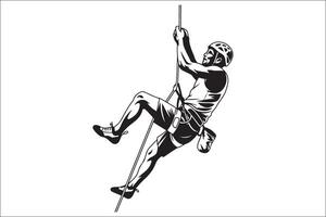 A man climbing on a rope in a black and white illustration vector