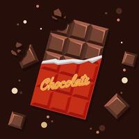 Delicious digitally illustrated chocolate bar with a red wrapper, surrounded by chocolate chunks and brown design elements, evoking indulgence, sweetness, and a love for all things chocolate. vector