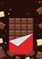 Chocolate Bar Wrapped in Paper Surrounded by Chocolate Pieces and Coffee Beans.Illustration of a chocolate bar in packaging amidst various chocolate pieces and coffee beans on a dark background. vector
