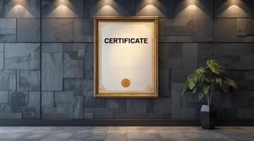 Certificate displayed prominently on a wall in a modern, stylish interior setting photo