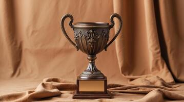 Bronze trophy resting on warm earthy fabric with intricate design photo