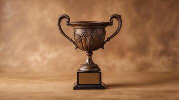 Celebrating achievement with a bronze trophy on warm earthy backdrop photo