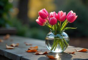 Pink Tulips in a Glass Vase on a Wooden Table photo
